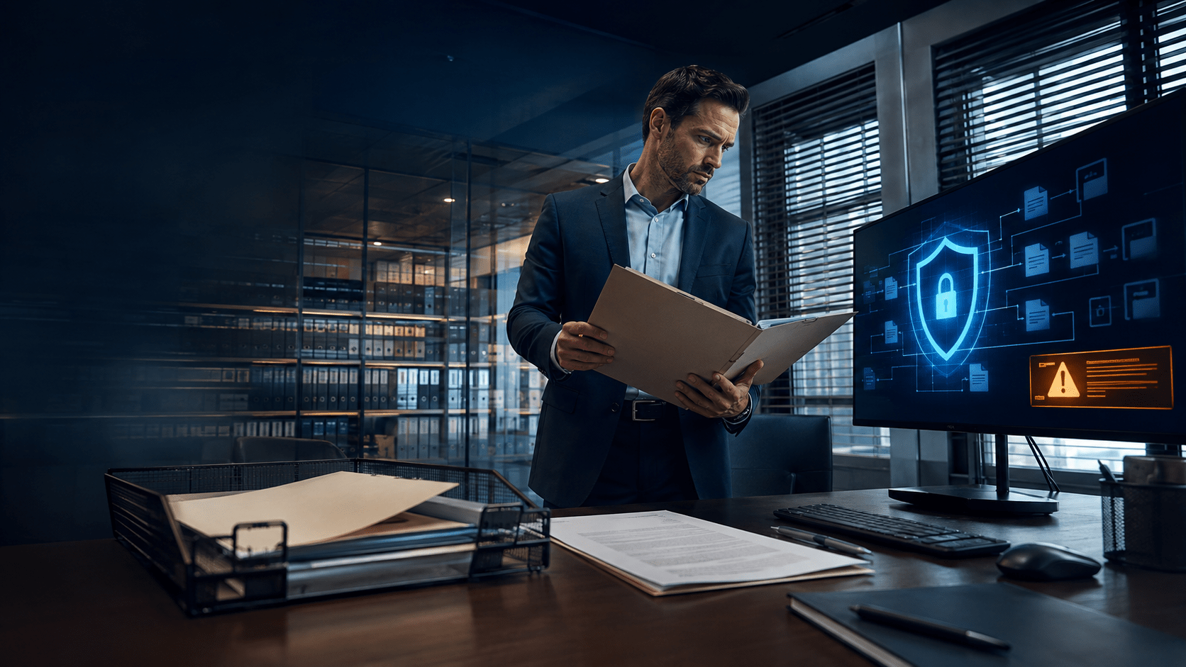 Specialist reviewing document security risks.