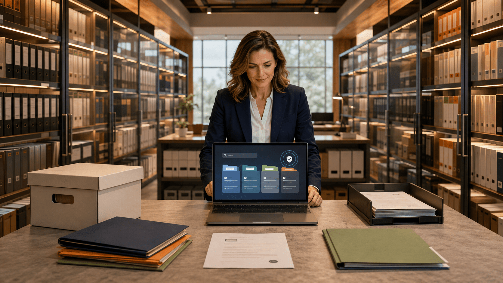Records manager overseeing a secure digital archive.