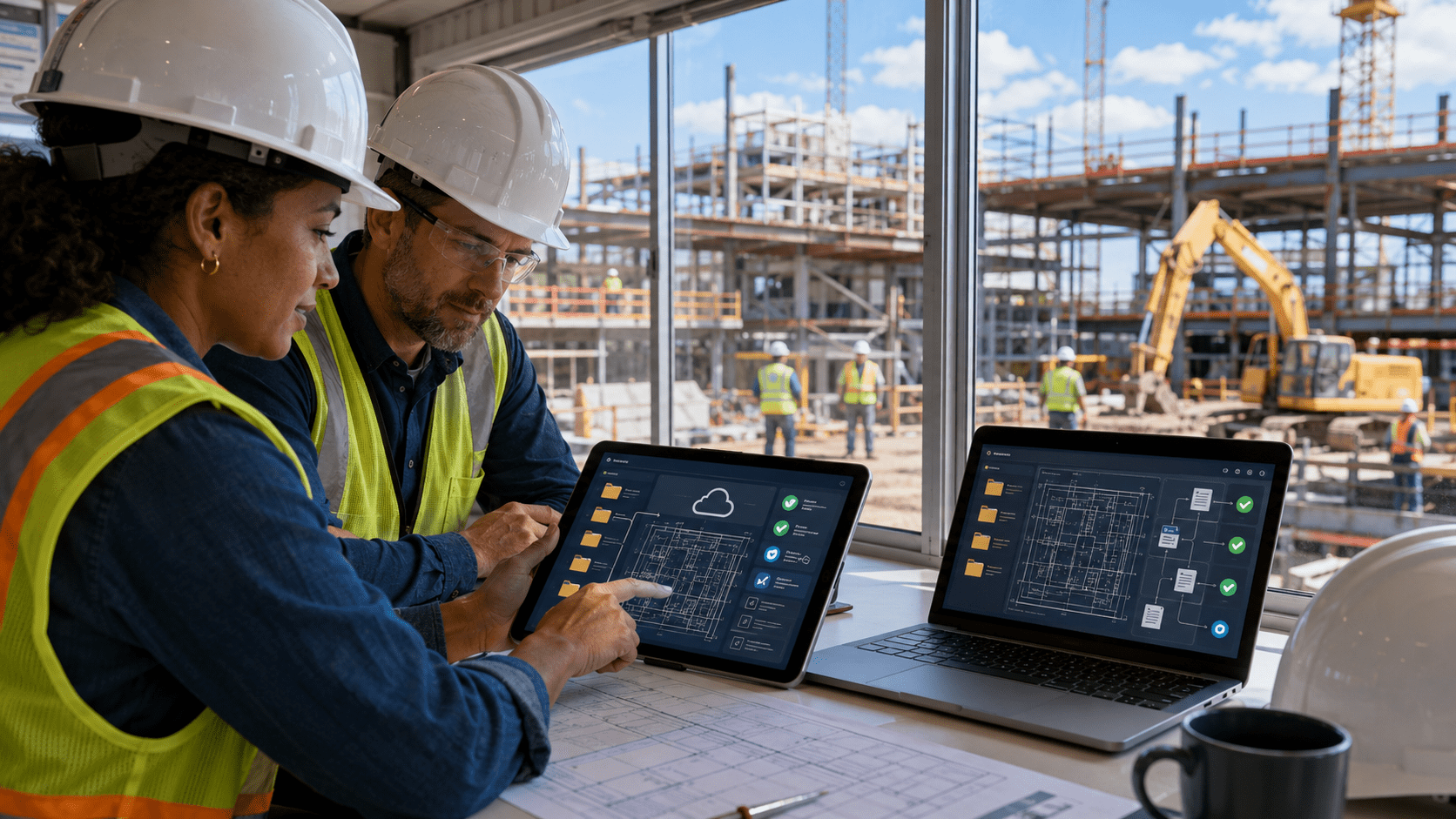 Construction team managing project documents digitally.
