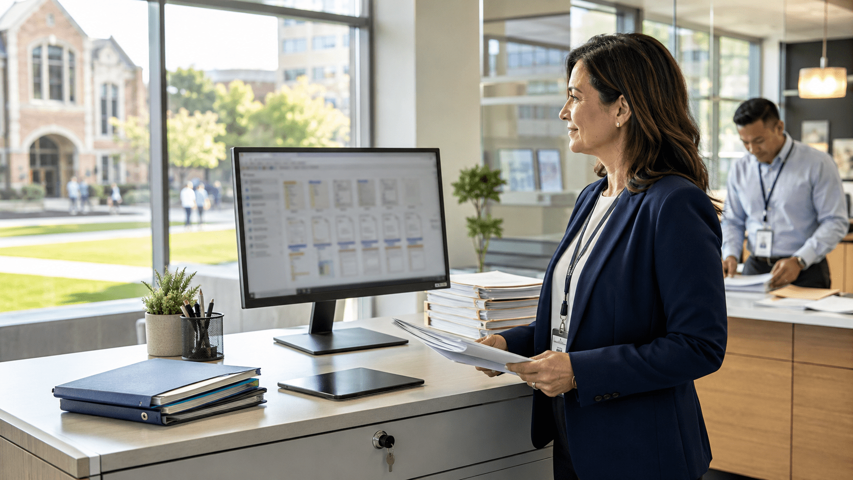 University administrator managing digital records and documents