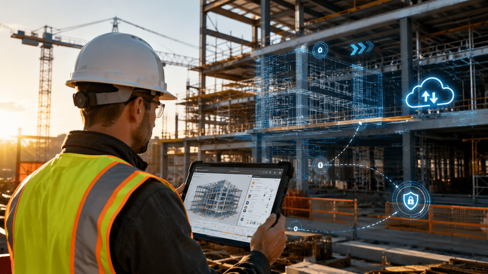 Engineer reviewing digital project documents on-site