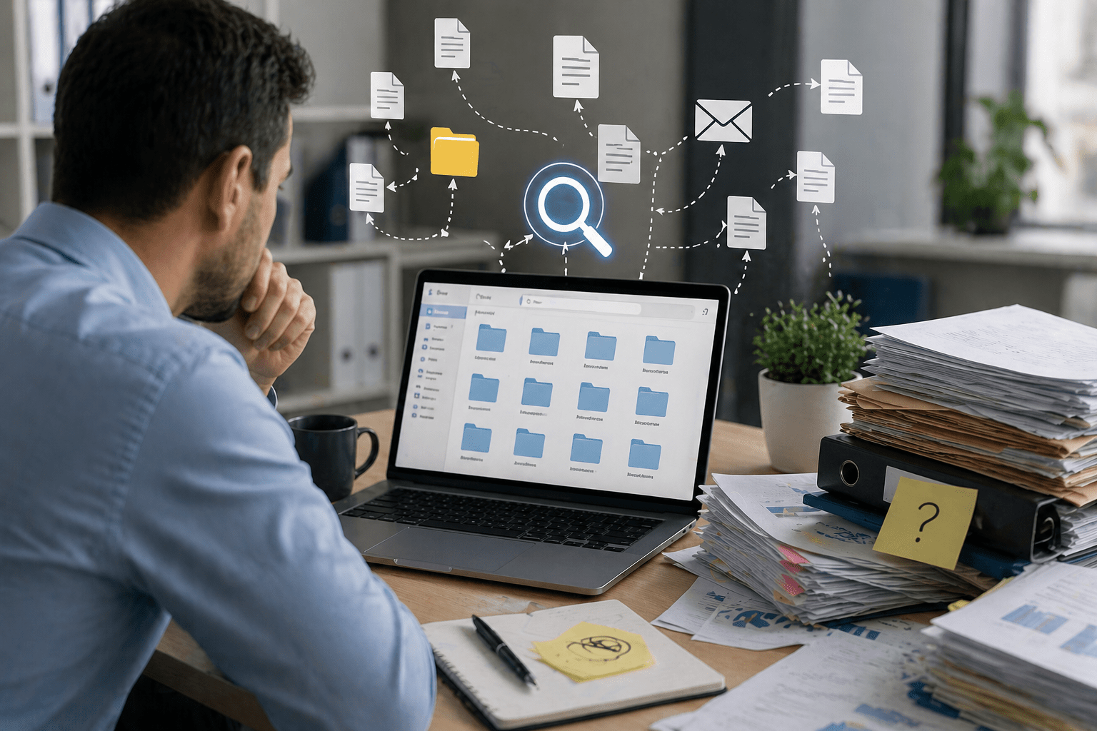 ChatGPT Image Apr 29, 2026, 10_37_53 AM Electronic Document Management System concept showing disorganized files, multiple folders, and difficulty finding documents in a modern office
