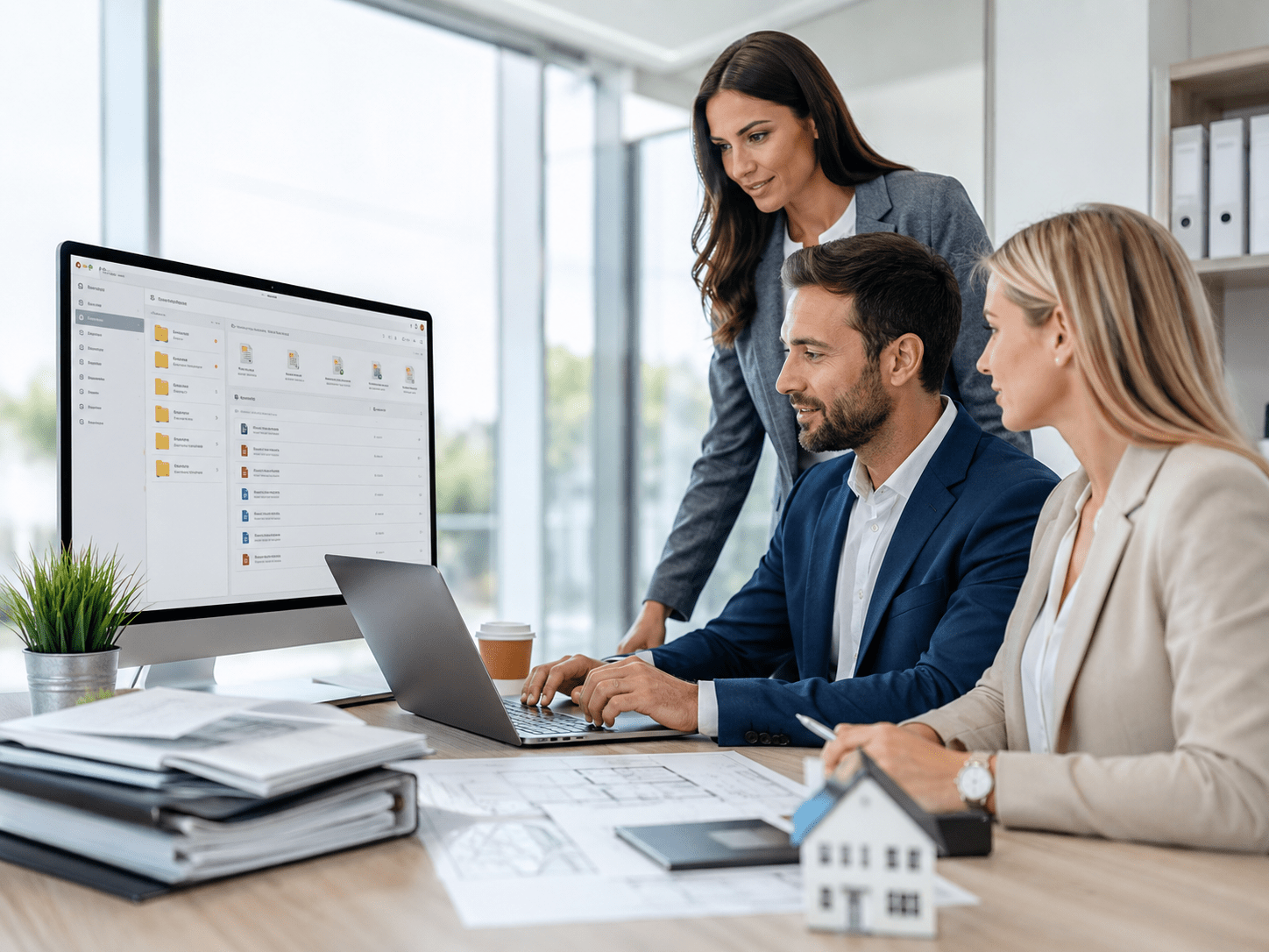 Real Estate Document Management Real estate team managing property documents digitally.