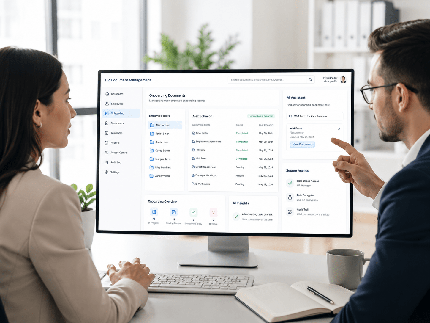 HR File Management Dashboard HR team reviewing employee onboarding files.