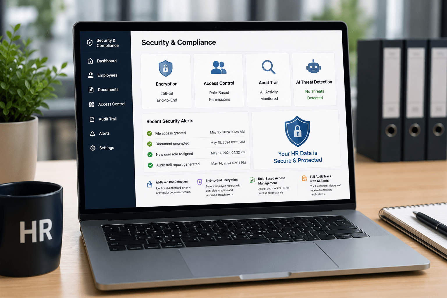 HR Security and Compliance Dashboard Laptop showing HR data security and compliance dashboard.