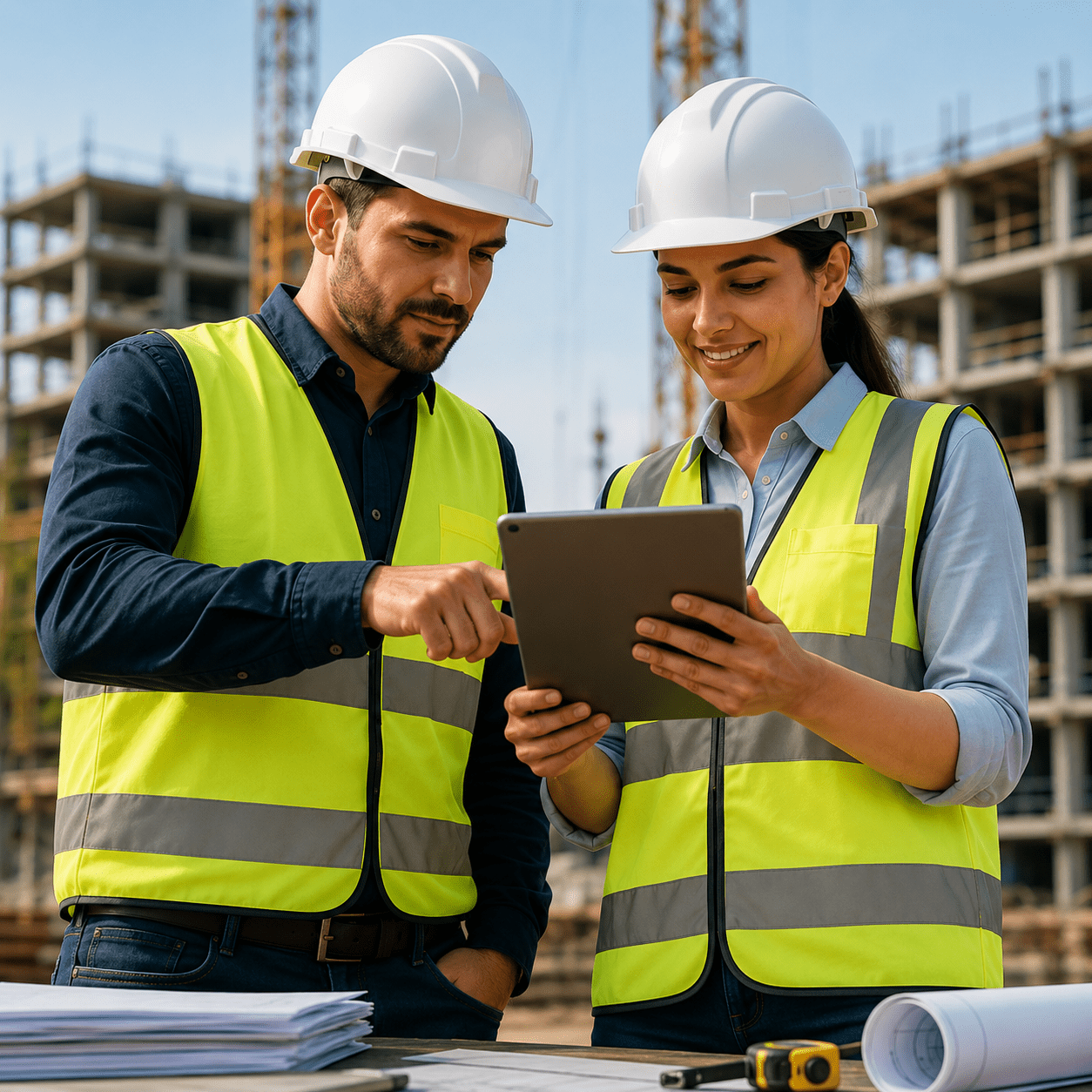 Construction team reviewing project files on a tablet