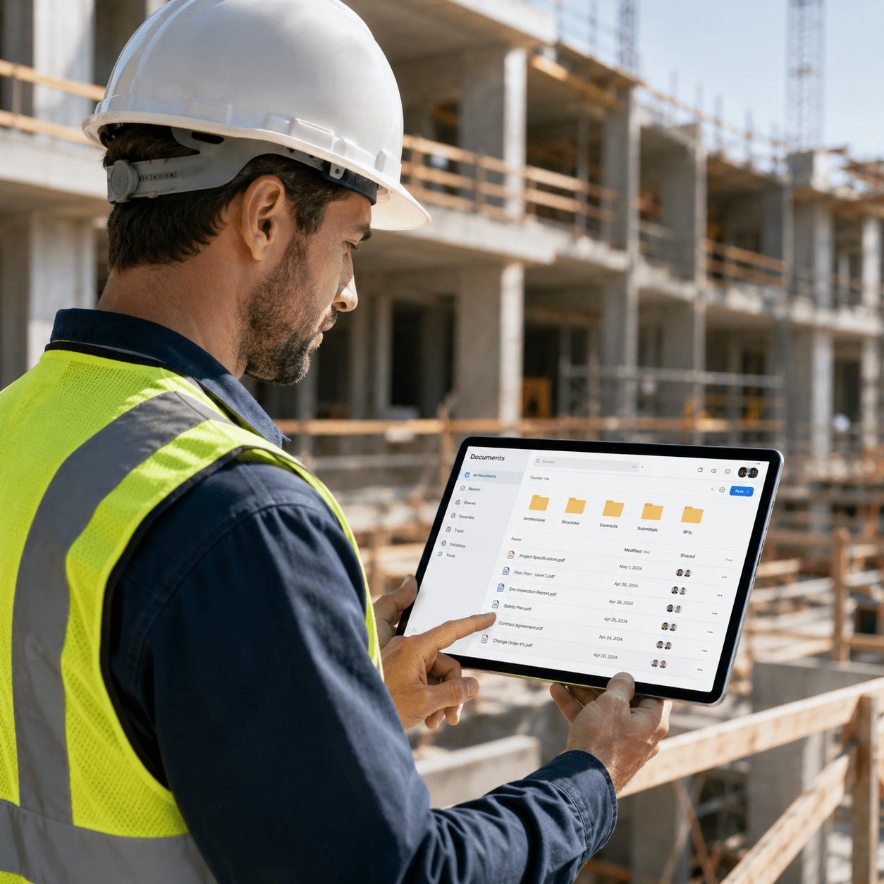 Worker accessing construction documents on a tablet.
