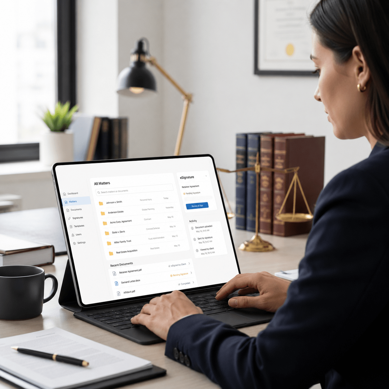 Lawyer managing legal files digitally.