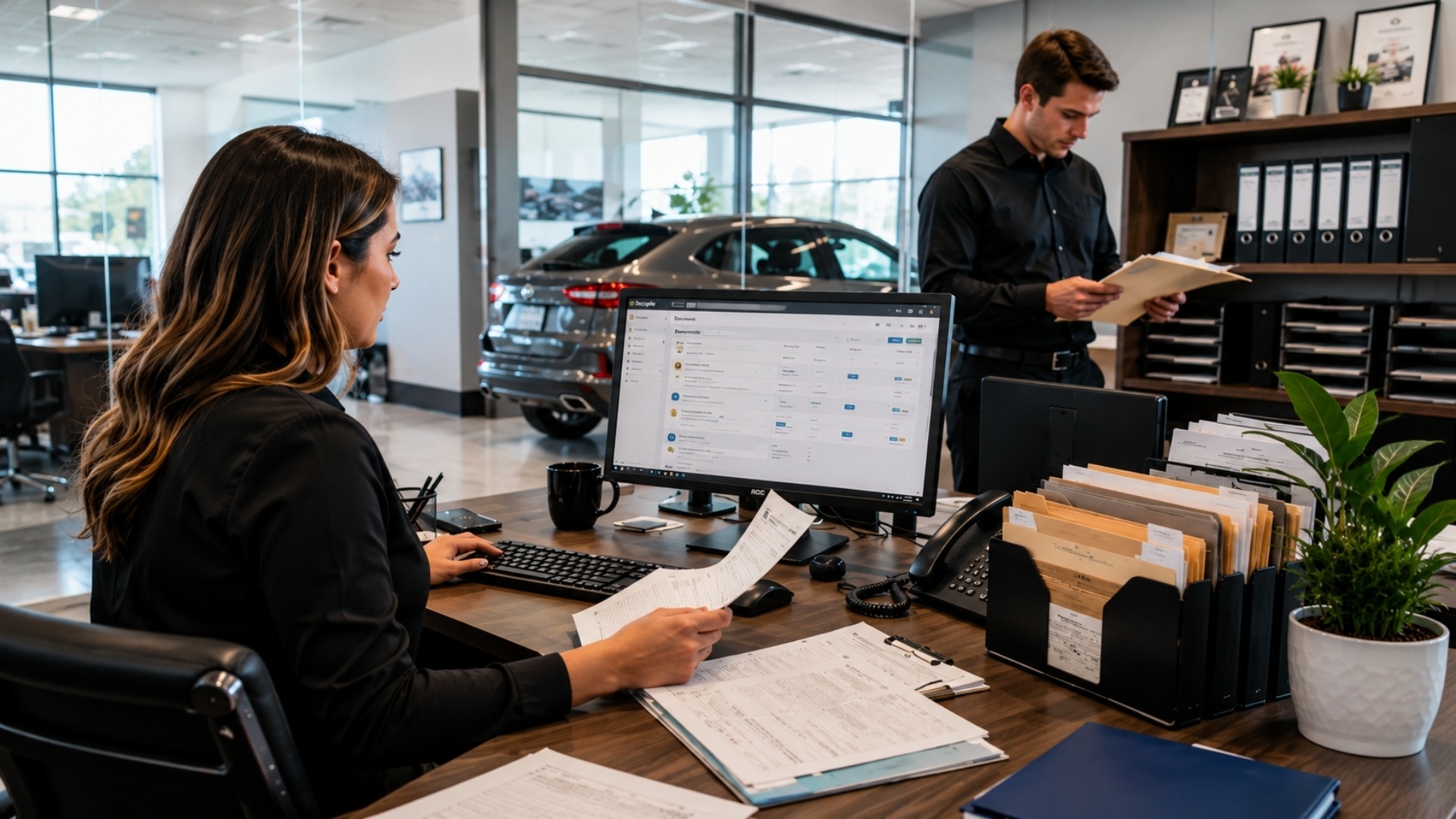 Dealership employees with Document Management Software for Auto Dealerships