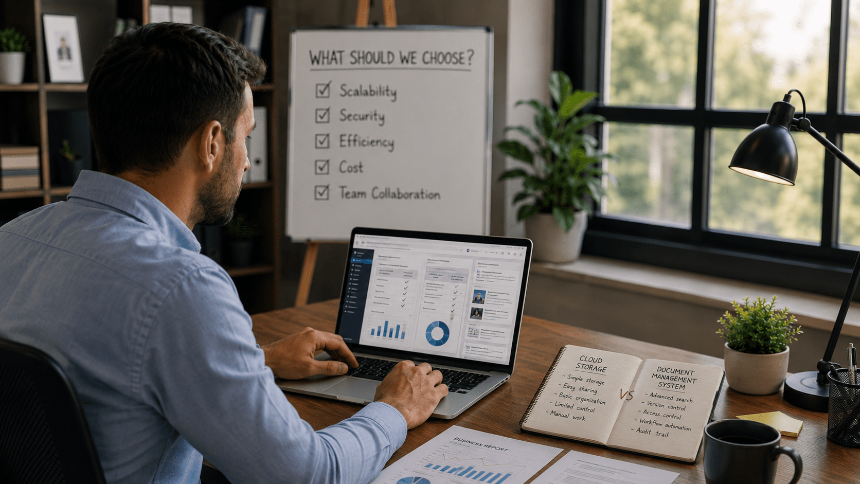 Small business owner comparing Cloud Storage vs Document Management System.