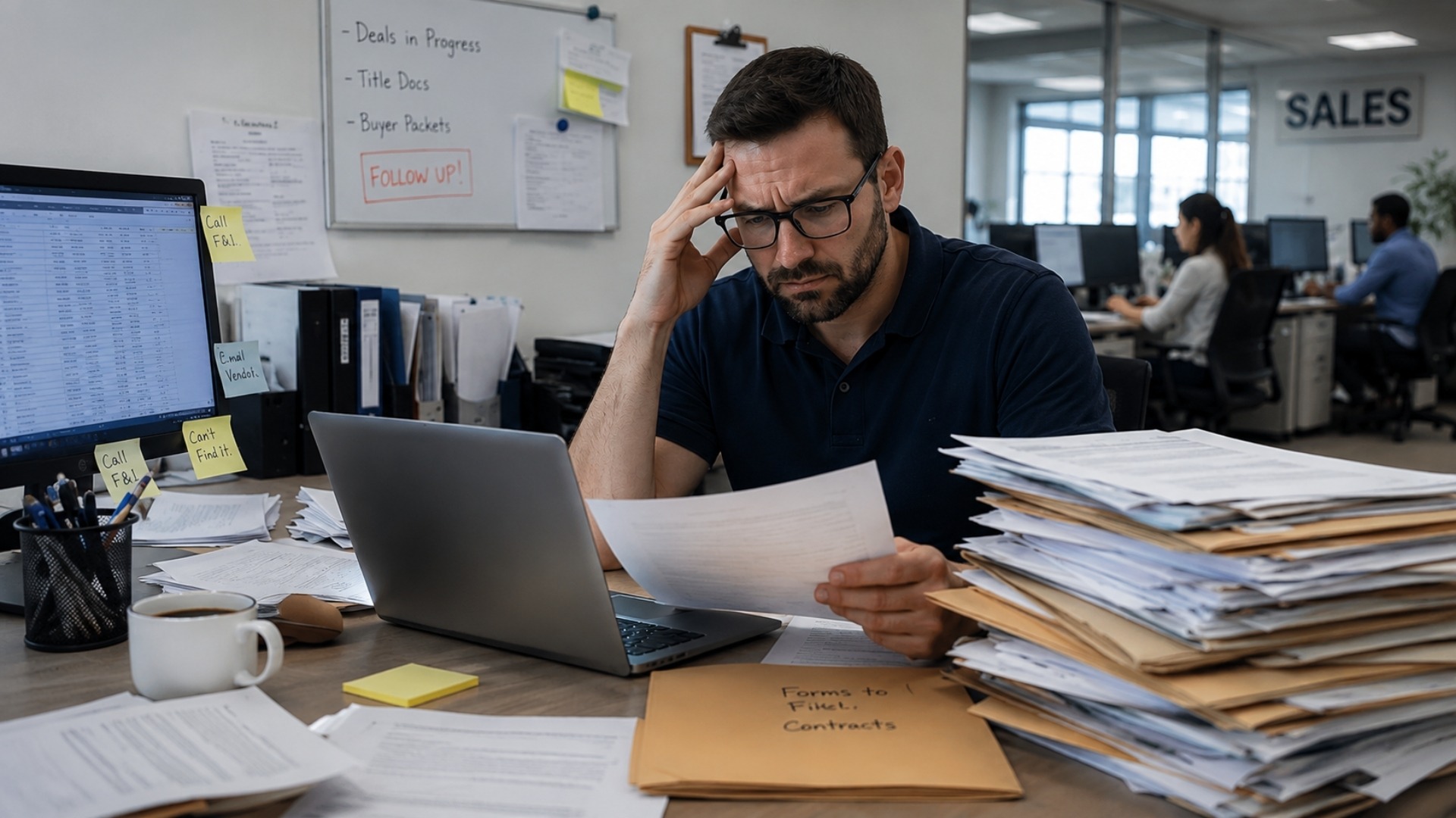 Automotive dealership staff struggling with manual paperwork and disorganized deal documents without any Document Management Software for Auto Dealerships