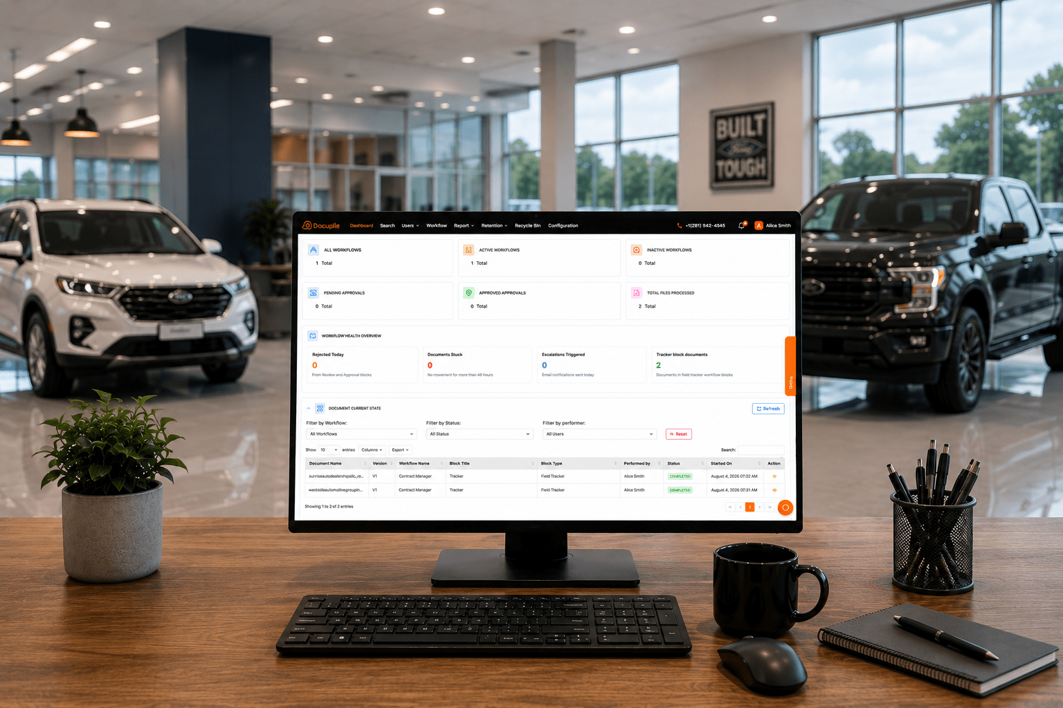 Docupile vendor contract renewal management dashboard displayed in a modern auto dealership showroom office.