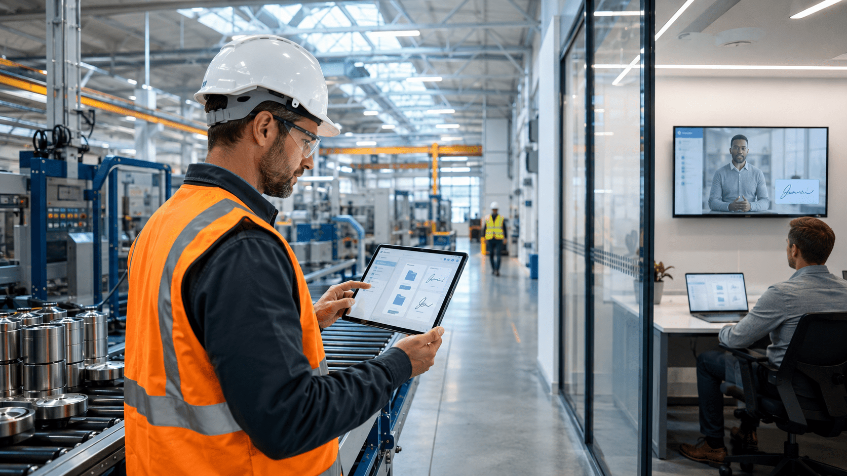 Cloud-Based Manufacturing Documents Factory worker reviewing cloud documents.
