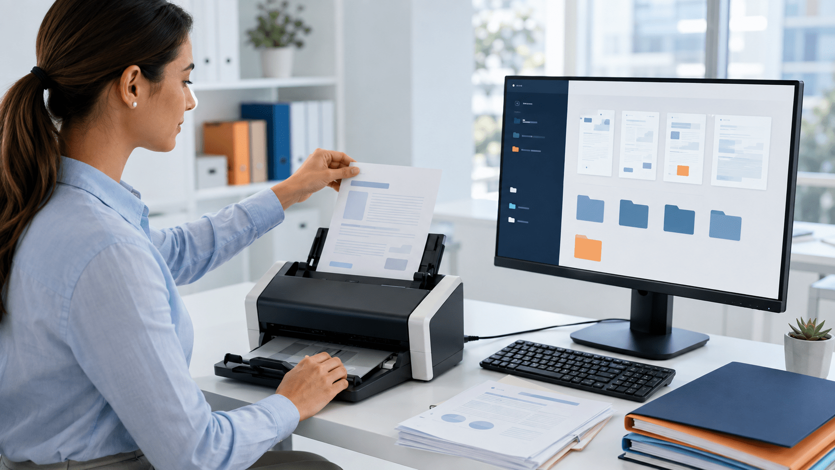 Digital Document Capture Specialist scanning paper documents into digital folders.
