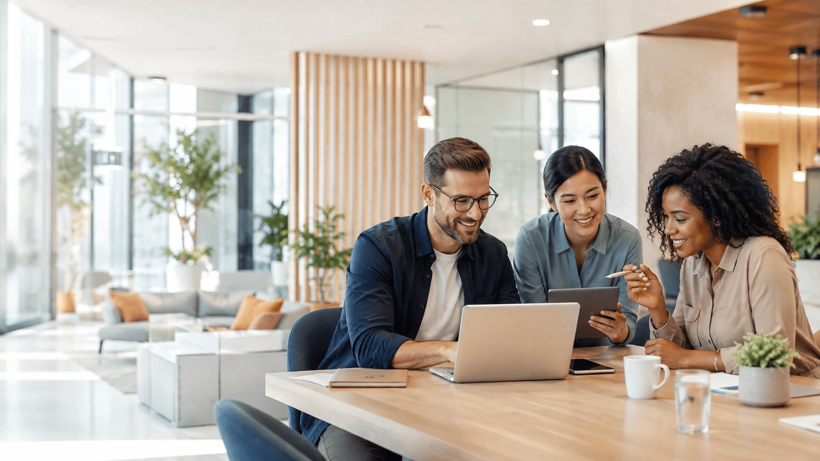 Diverse team collaborating with digital tools in a modern office.