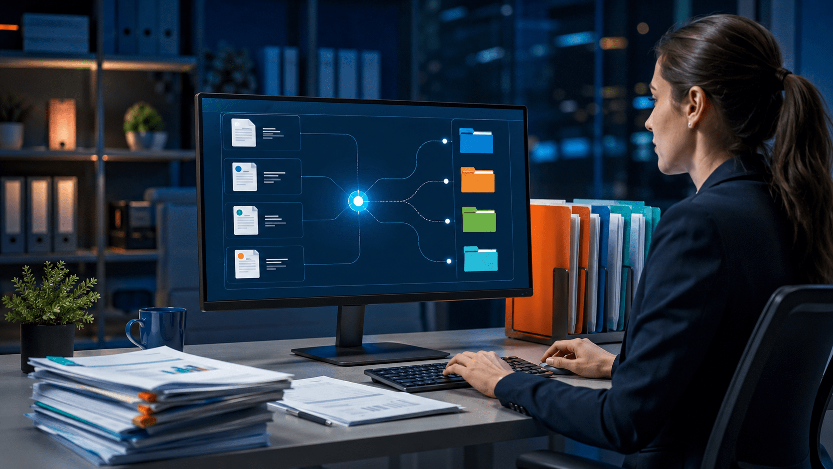Smart Document Sorting Specialist organizing documents into digital folders.