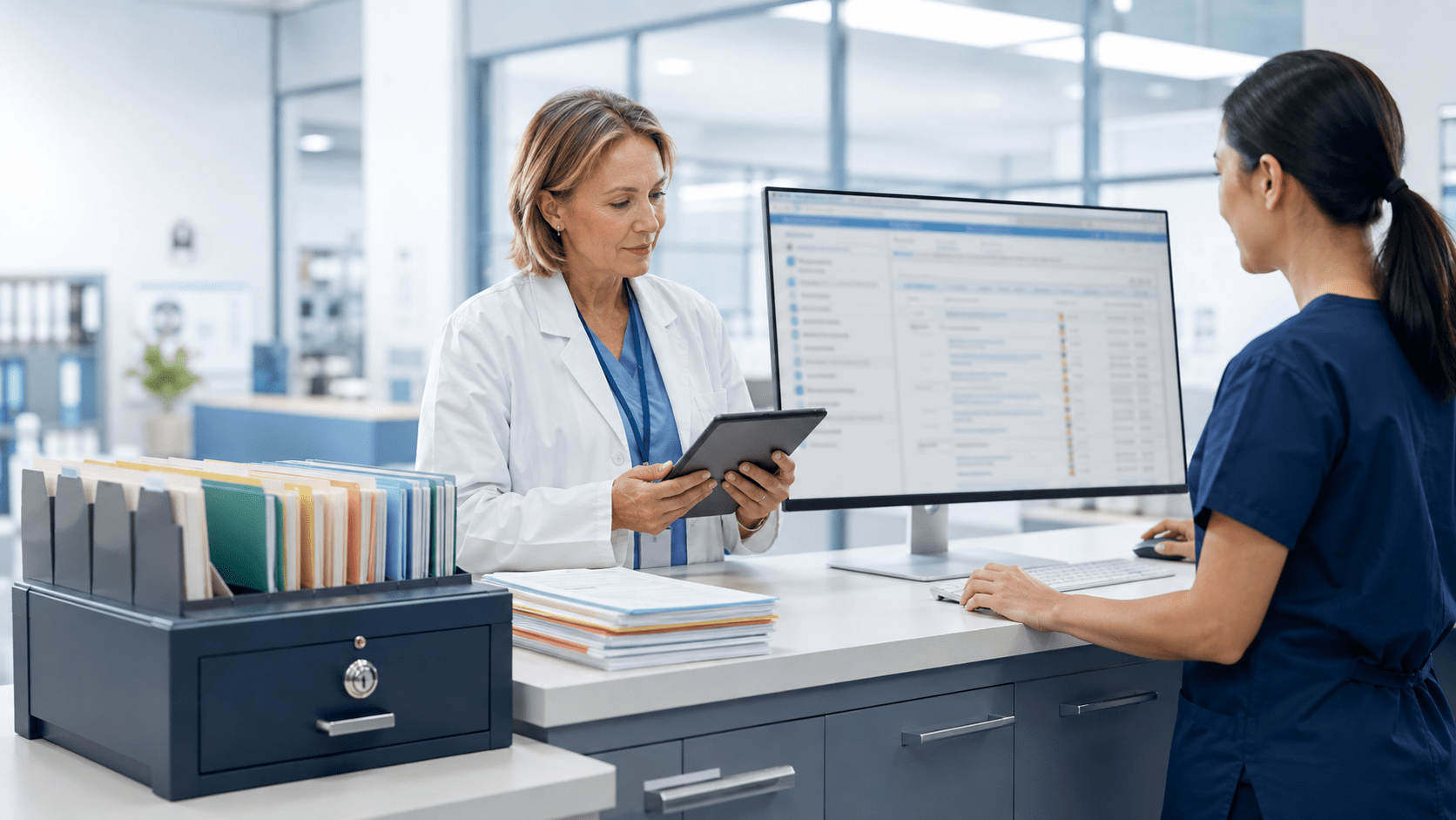 Healthcare team managing secure digital patient records