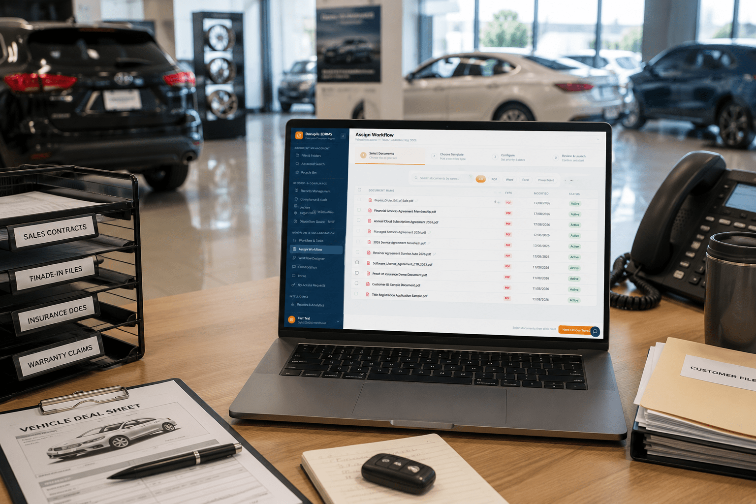 ChatGPT Image Sep 2, 2026, 10_42_55 AM Document management challenges in an automotive dealership F&I workspace with Docupile workflow dashboard.