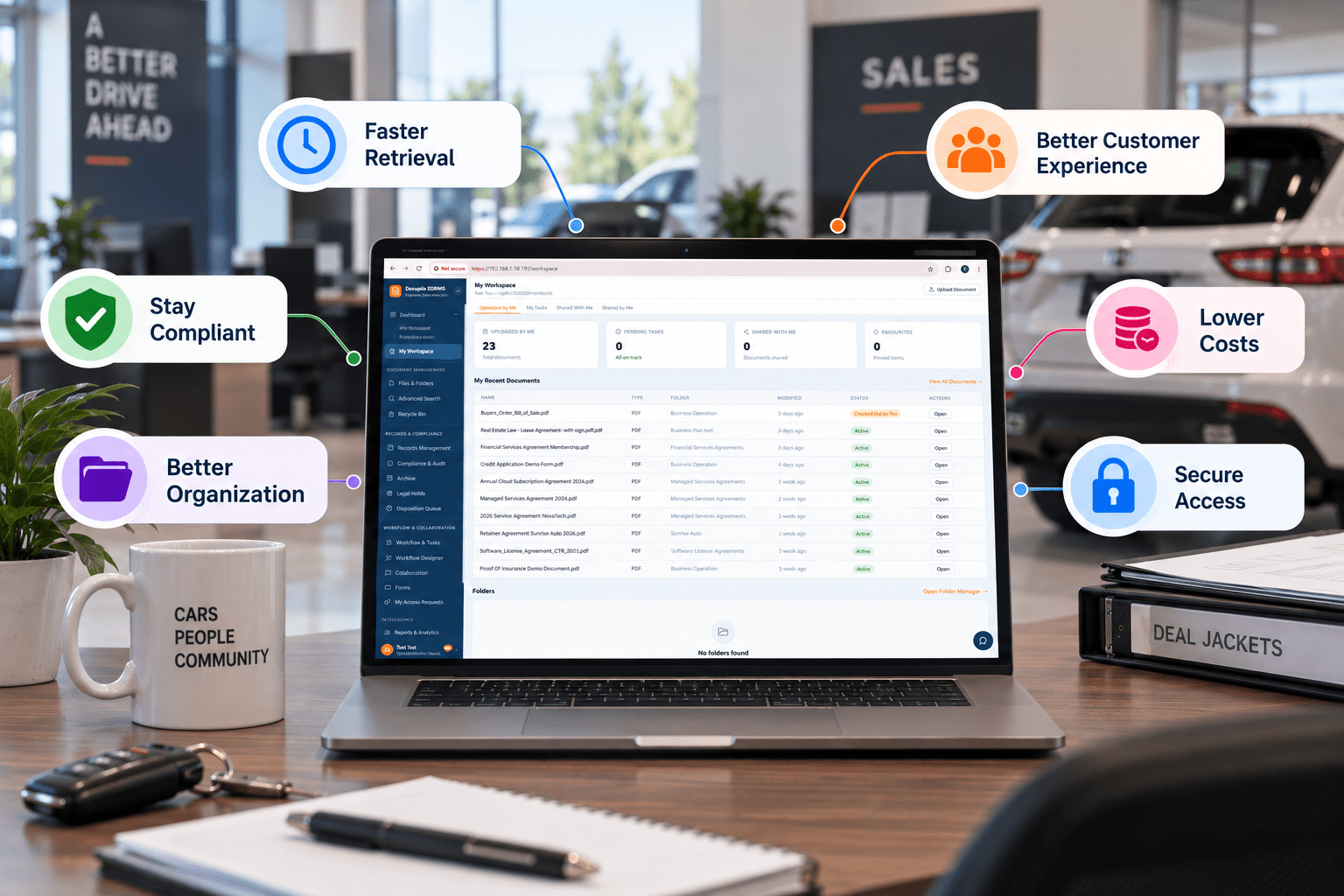 Document Management System vs Dealer Management System in a modern auto dealership workspace.