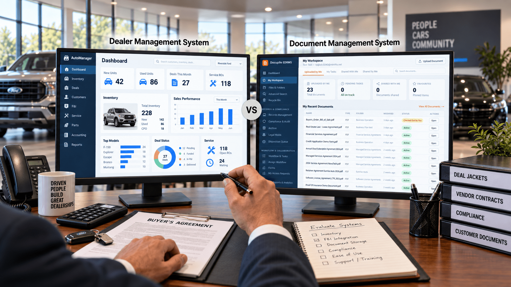 F&I manager comparing a Document Management System vs Dealer Management System in a dealership office.